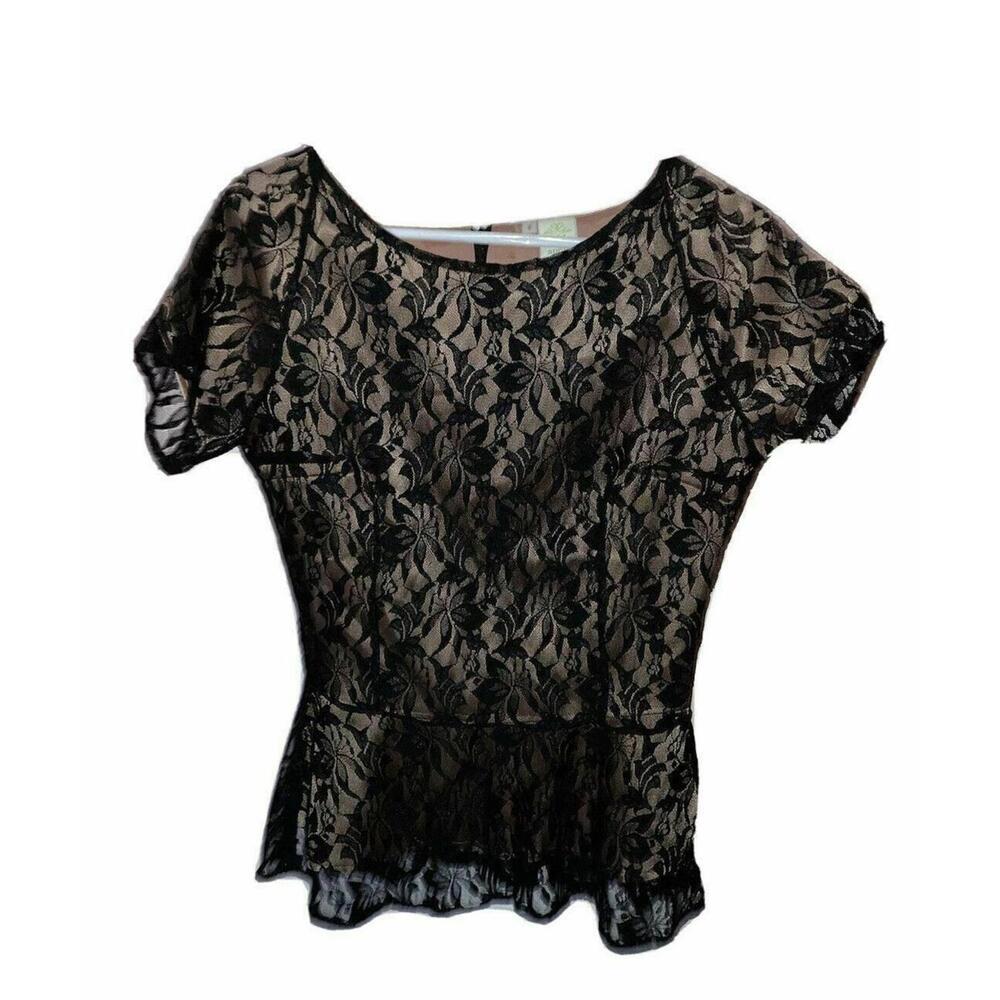 Womens 8 Peplum Top Lace Black Beige Short Sleeve Boutique Catalog Shabby Apple